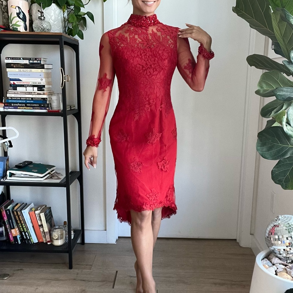 Mayda Cisneros Couture Hi Low Sheer Lace Mesh Beaded Longsleeve formal dress XS